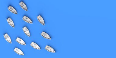 Küçük teknelerle denizde yelken açan bir grup insan. Göçmenlik kavramı. Üç boyutlu illüstrasyon. Boşluğu kopyala.