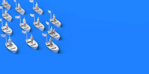 乘小船在海上航行的一群人 移民概念 3D插图 复制空间 — 图库照片
