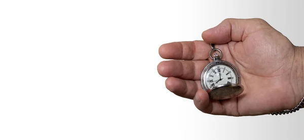 Mão Homem Segurando Relógio Bolso Vintage Conceito Tempo Trabalho Espaço — Fotografia de Stock