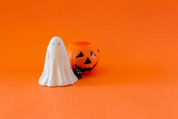 Halloween Banner Mit Gespenst Und Kürbis Bonbonkorb Selektiver Fokus Kinder — Stockfoto