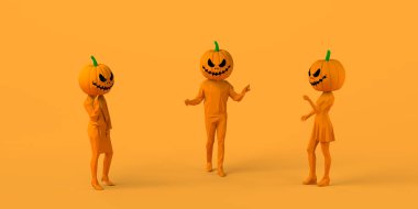 İnsanlar Cadılar Bayramı 'nda balkabağı yerine balkabağıyla konuşuyor. Karnaval. Üç boyutlu illüstrasyon. Boşluğu kopyala.