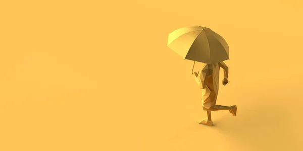 Man running in the rain with an umbrella. 3D illustration. Copy space.