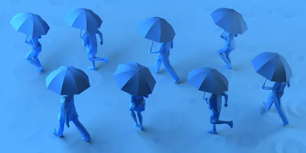 Grupo Personas Corriendo Bajo Lluvia Con Paraguas Ilustración — Foto de Stock