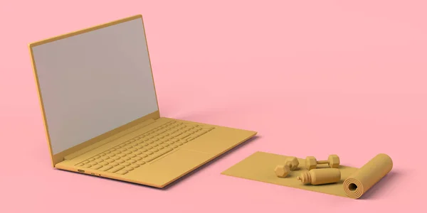 Mat Dan Tangan Bobot Depan Laptop Olahraga Online Ilustrasi Salin — Stok Foto