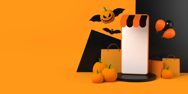Halloween Online Nakupování Smartphone Bat Dýně Rozumím Ilustrace — Stock fotografie