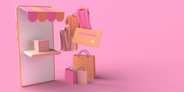 Akıllı telefonlu çevrimiçi mağaza konsepti. Uzayı kopyala 3B illüstrasyon.