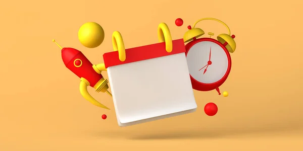 Calendar Mockup Alarm Clock Rocket Copy Space Illustration — Stock Photo, Image