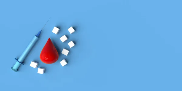 Kostki Cukru Krople Krwi Strzykawka Światowy Dzień Cukrzycy Odbiór Renderowanie — Zdjęcie stockowe