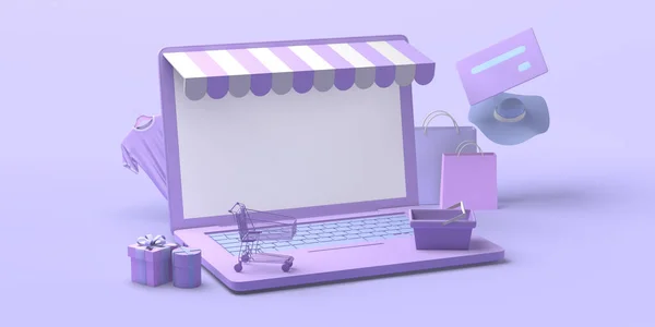Bilgisayarlı online mağaza kavramı. Uzayı kopyala 3B illüstrasyon.