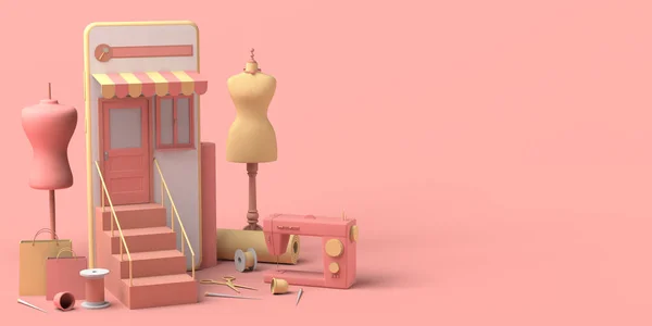 Akıllı telefonlu moda mağazası konsepti. Uzayı kopyala 3B illüstrasyon.