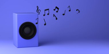 Hoparlör müzik notaları yayıyor. Uzayı kopyala 3B Görüntü.