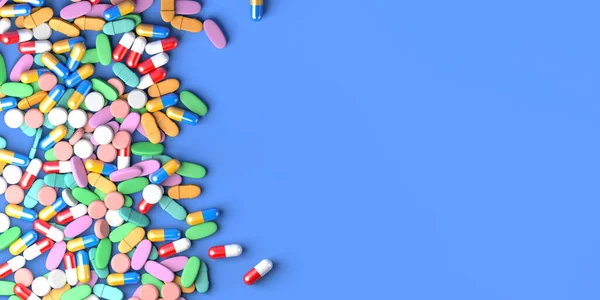 Mavi Arka Planda Ilaç Tabletleri Kapsüller Sağlık Hizmeti Konsepti Uzayı — Stok fotoğraf