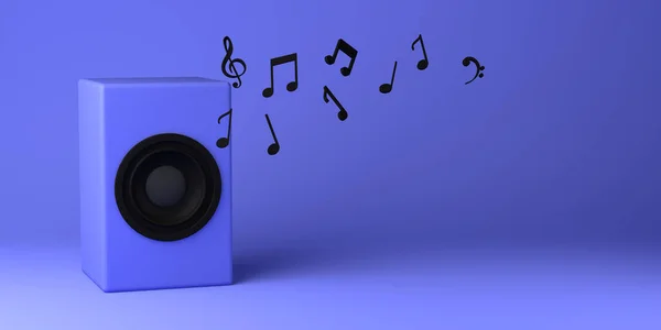 Hoparlör müzik notaları yayıyor. Uzayı kopyala 3B Görüntü.