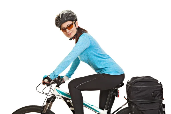 Female mtb cyclist  with saddlebag, looking at the camera — Stock Photo, Image