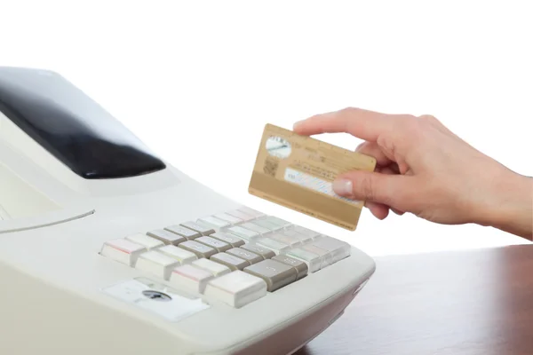 Cashier Holding Credit Card in Cash Register — Stock Photo, Image