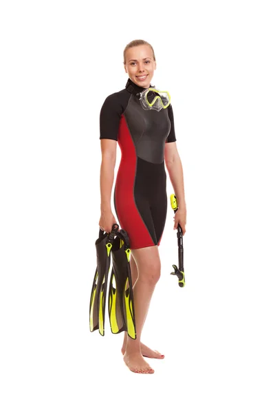 A young woman  standing in wetsuit  wearing,  holding snorkel an — Stock Photo, Image