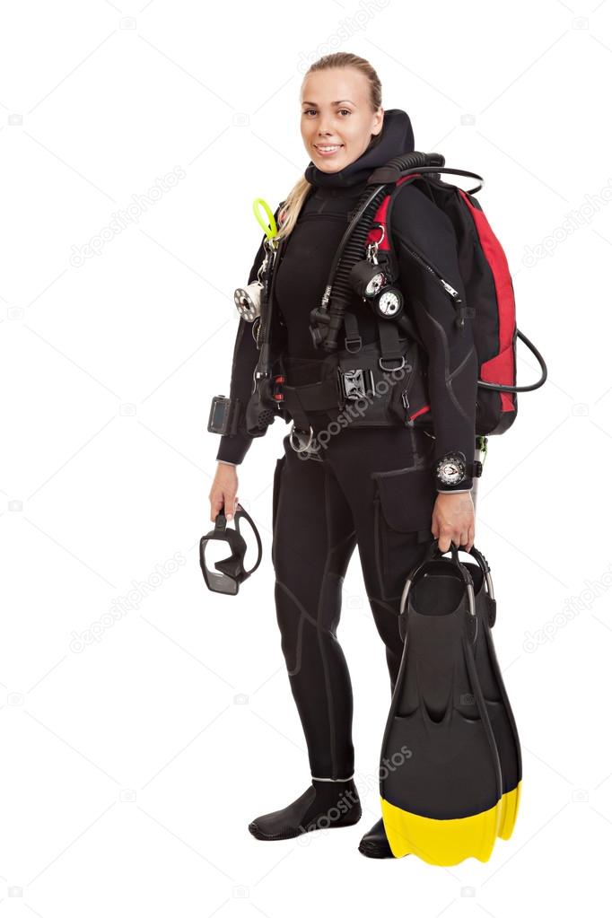 A young woman technical underwater diver. 