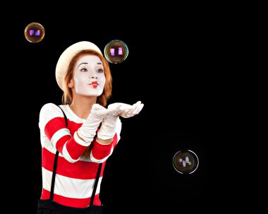 Portrait of the female MIM comedian catches bubbles, isolated on clipart