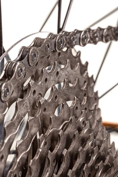 Close up of gear  train rear wheel for mountain bike isolated o — Stock Photo, Image