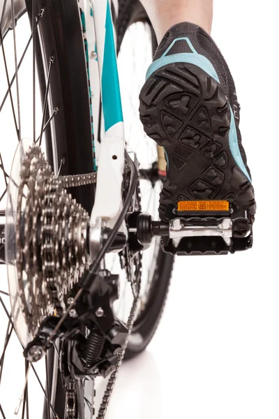 Close up rear view cyclist pedalling mountain bike — Stock Photo, Image