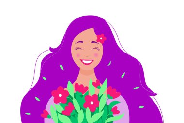 Bir buket çiçekli mutlu kız. Dalgalı mor saçlı hoş bir genç bayan. Anneler Günü için konsept, Sevgililer Günü, 8 Mart Kadınlar Günü, doğum günü. Şık bir bayan. Bahar vektörü illüstrasyonu