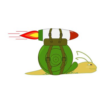 Flying snail with a backpack and a rocket. Funny cartoon character with a rocket. Vector illustration on a white background. clipart