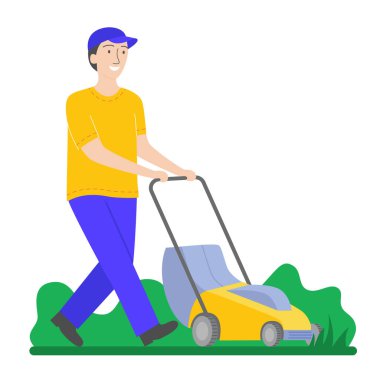 Man mows the grass with a yellow lawn mower. Smiling gardener tends the lawn. Duties of the husband in the garden. Garden work and equipment, home yard care, landscaping. Vector illustration