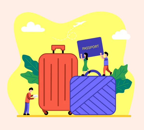 旅行概念 一个矮小的男人和女人在一个大手提箱上带着一本护照 一个男人在看地图 度假计划 商务旅行 手提箱和旅行箱 手提行李 卡通矢量图解 — 图库矢量图片