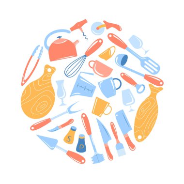Mutfak aletleri. Yemek pişirme dersleri, menü dekorasyonları, yemek tarifi kitapları tasarlamak için kullanılabilir. Karikatür tarzında izole nesnelerin toplanması. Vektör illüstrasyonu