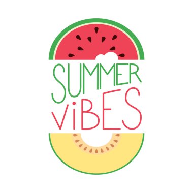 Yazı yazıları garip bir şekilde titreşiyor. Harfler karpuz ve kavun dilimleriyle süslenmiş. Tişört, ev dekorasyonu, mevsim kartpostalları, baskılar ve posterler için şablon. Vektör illüstrasyonu