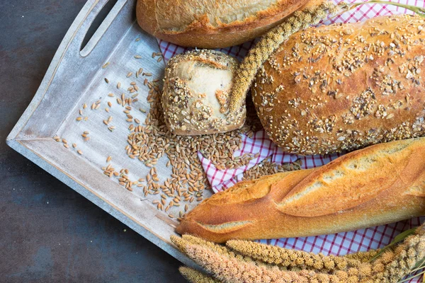Kepekli ekmek buğday tohumu ve peçete ile bir tepsi üzerinde farklı tür