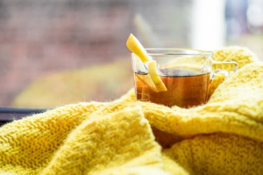 Siyah çay limon sarı süveterin içinde sarılı bir pencere üzerinde