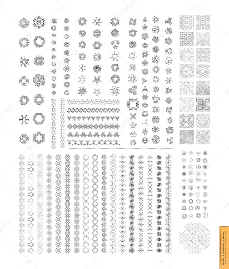 Big Set of minimal geometric monochrome shapes. Business signs, labels, trendy borders and frames, icons and logotypes.