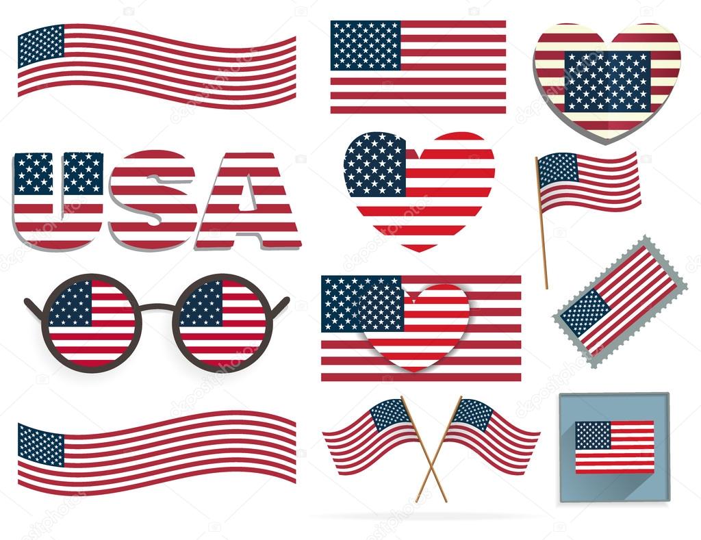 Set of American flags and hearts