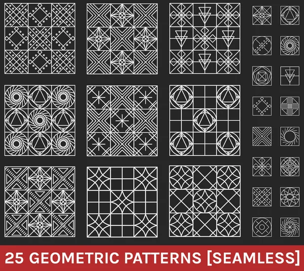 Набор из 25 абстрактных геометрических шаблонов черный фон — стоковый вектор