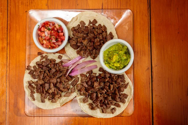 Three Tacos Guacamole Pico Gallo — Stock Photo, Image