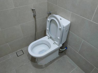 Perak, Malezya-29 Ekim 2025: Bu üzerinde bide spreyi olan beyaz, yakın çiftli bir tuvalet.