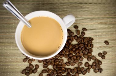 Beyaz bir fincan sütlü kahve.