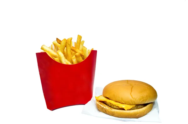 Vepřová sýr hamburgery a hranolky v červený krabici na bílém pozadí. — Stock fotografie