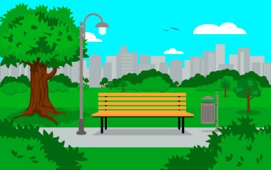 Fenerli bir park bankı ve arka planda şehir olan bir çöp kutusu. Kartuş biçimi vektör çizimi