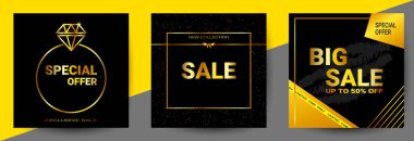Afişler, posterler, satılık ilanlar, indirim, en iyi teklif. Zarif vektör çizimi, siyah arka planda altın rengi..