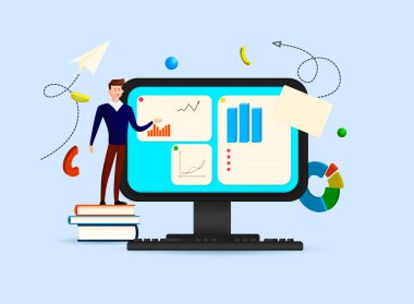 Veri analiz konsepti. Çizgi filmdeki bir iş adamı karakteri ekranın yanındaki bir yığın kitabın üzerinde grafiklerle duruyor. 3 boyutlu stil. Vektör illüstrasyonu.