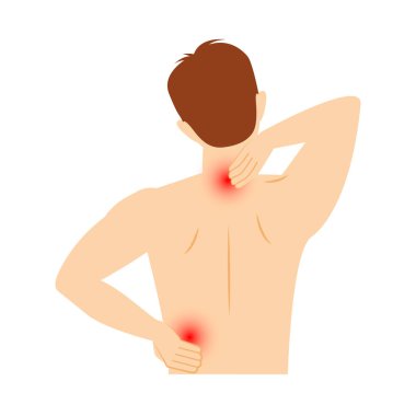 Sırtının farklı yerlerinde acı çeken bir adam figürü. Beyaz arkaplan üzerinde vektör düz illüstrasyon.