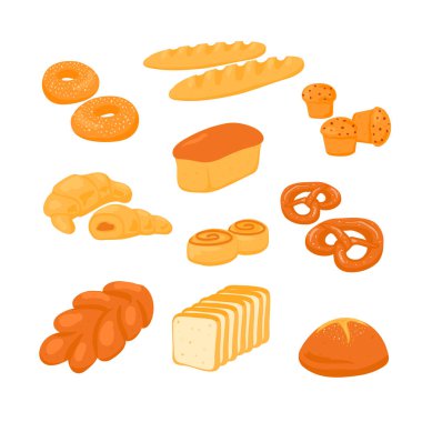 Çizgi film tarzında beyaz arka planda bir ekmek seti. Çavdar ve buğday ekmeği, kruvasan, kraker, çörek, çörek, rulo ekmek, ekmek, baget.