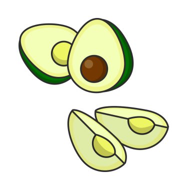 Vektör avokado yemek ikonu. Avokado meyvesi tam ve yarım. Düz minimalizm tarzında Avokado illüstrasyonu.