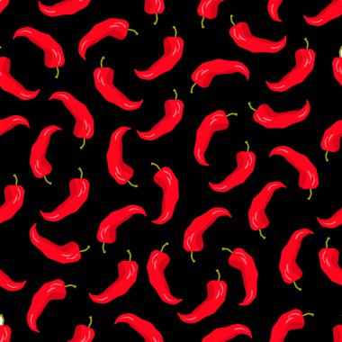 Siyah arka planda kırmızı biber. Kusursuz desen. Çizgi film tarzında vektör illüstrasyonu.