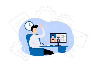 Video konferansının illüstrasyonu. Video aracılığıyla evden çalışma ve öğrenme kavramı. Vektör düz resimleme.