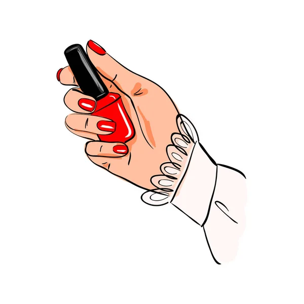 Mano Una Mujer Con Una Manicura Roja Sostiene Esmalte Uñas — Vector de stock