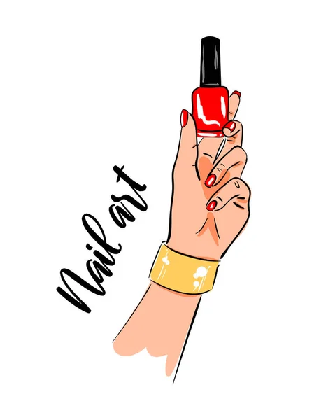 Smalto Rosso Nella Mano Una Donna Concetto Nail Art Illustrazione — Vettoriale Stock