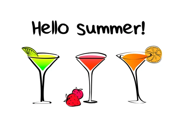 Ein Set Von Drei Cocktails Mit Den Worten Hallo Sommer — Stockvektor